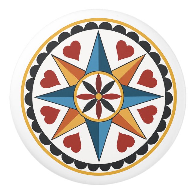 Eight-Point Star & Heart Amish Dutch Hex Sign Knob (Front)