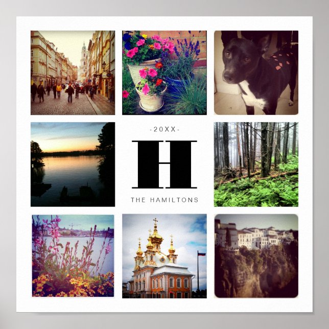 Eight Square Photo Collage with Family Monogram Poster (Front)