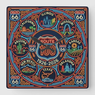 Eight State Neon Route 66 Centennial 1926-2026 Square Wall Clock