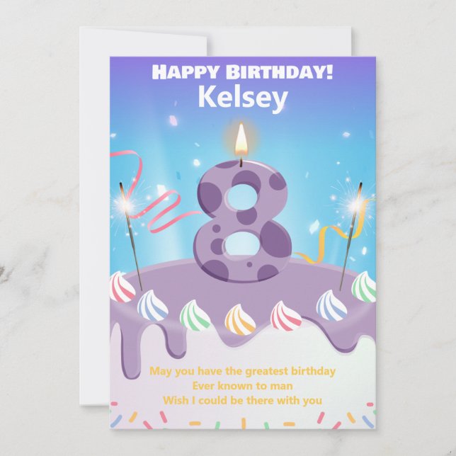 Eight year old Happy Birthday card personalized (Front)
