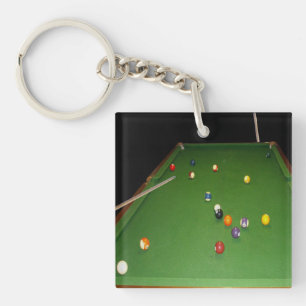 Eightball Table Oilpaint With  Balls And Cues, Keychain