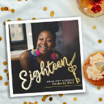 Eighteen 18th Birthday custom photo script gold Napkin<br><div class="desc">Eighteen gold hued script text and key with your own photo napkins. Personalize this 18th birthday party napkin with your own honouring birthday girls name and party date,  and a photo. Other years,  colours and matching items are available. © Original design by Sarah Trett for www.mylittleeden.com on Zazzle.</div>