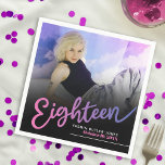 Eighteen 18th Birthday custom photo script purple Napkin<br><div class="desc">Eighteen pink to purple hued script text photo napkins. Personalize this 18th birthday party script photo birthday napkin with your own birthday girls name and party date, and a photo of your birthday girl. Other years, colours and matching items are available. © Original design by Sarah Trett for www.mylittleeden.com on...</div>