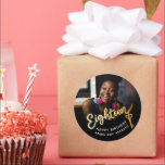 Eighteen 18th Birthday photo gold black 18 key Classic Round Sticker<br><div class="desc">Eighteen gold script text with 18 key to the door photo sticker. Personalize this 18th birthday party script photo birthday sticker with your own birthday girls name and a photo of your birthday girl. Other years and matching items are available and can be created by request. © Original design by...</div>