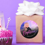 Eighteen 18th Birthday photo purple pink black Classic Round Sticker<br><div class="desc">Eighteen purple through to pink script text photo sticker. Personalize this 18th birthday party script photo birthday sticker with your own birthday girls name and a photo of your birthday girl. Other years and matching items are available and can be created by request. © Original design by Sarah Trett for...</div>