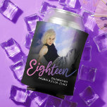 Eighteen 18th Birthday photo script pink purple Can Cooler<br><div class="desc">Eighteen purple to pink coloured style effect script text can cooler. Personalize these stubby holders with two photos of your birthday girl turning 18, one on each side (for past and present plus add your own name or message. Ideal for a 18th birthday party or surprise girls eighteen years event....</div>