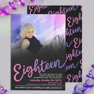 Eighteen Birthday custom photo pink purple black Invitation