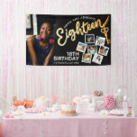Eighteen gold 18th Birthday photos on black Banner<br><div class="desc">Eighteen gold script and key with one large photo and 7 instant snap style photos birthday party banner. Personalize this 18th birthday party banner with your own birthday girls name and 8 photos. Other years and matching items are available and can be created by request. © Original design by Sarah...</div>