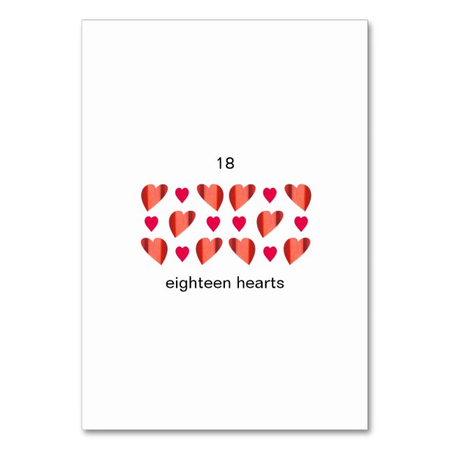 Eighteen hearts, custom number flashcards table number (Back)