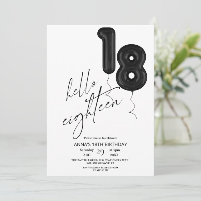 Eighteen Minimal Modern Black White 18th Birthday  Invitation (Standing Front)