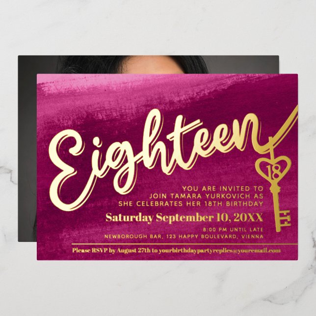 Eighteen script key 18th birthday gold red pink (Front/Back)
