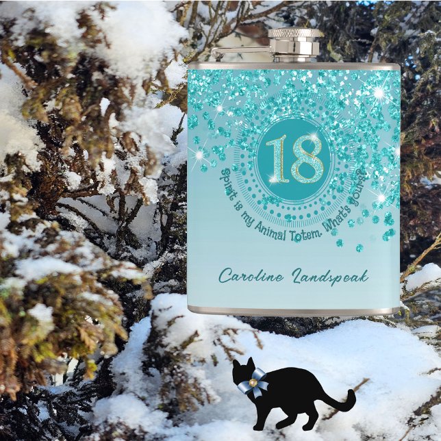 Eighteen & Teal Blue Glitter & Drinking Quote Hip Flask (Creator Uploaded)