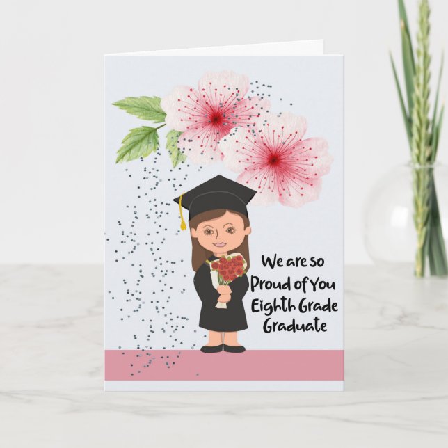 Eighth Grade Graduation Girl with Flowers Card (Front)