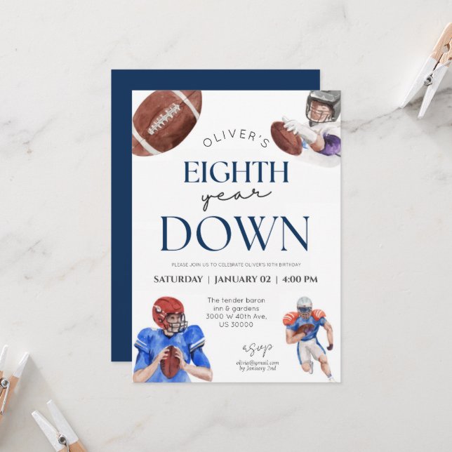 Eighth year down football theme boy 8th birthday invitation (Front/Back In Situ)