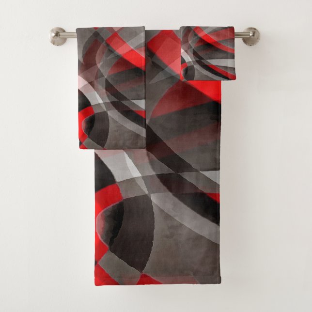 Eighties Red White and Grey Layered Curves Bath Towel Set (Insitu)