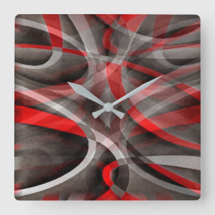 Eighties Red White and Grey Layered Curves Square Wall Clock