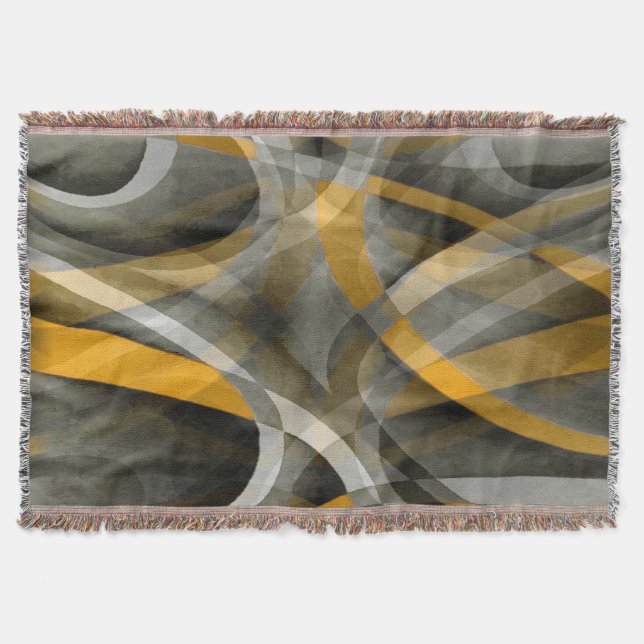 Eighties Retro Mustard Yellow and Grey Abstract Cu Throw Blanket (Front)