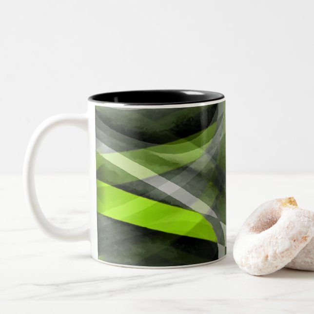 Eighties Styled Grey and Lemon Curve Pattern Two-Tone Coffee Mug (With Donut)