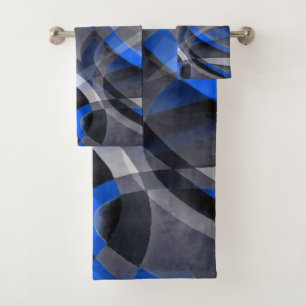 Eighties Themed Cool Blue Curved Line Pattern Bath Towel Set