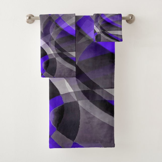 Eighties Vibes Violet Blue and Grey Funky Pattern. Bath Towel Set (Insitu)