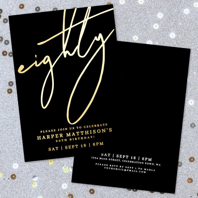 Eighty Black 80th Birthday Gold (Elegant Black Eighty 80th Birthday Gold Foil Invitation)