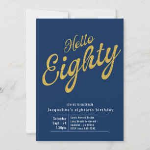 Eighty Blue Gold Modern 80th Birthday Invitation