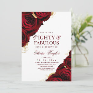 Eighty & Fabulous Elegant Red Roses Birthday  Invitation