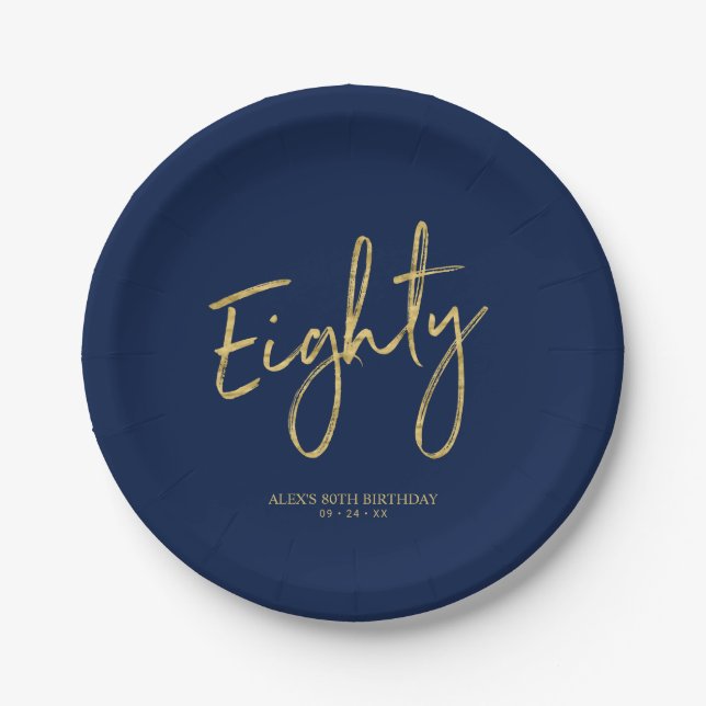 Eighty | Gold & Navy Lettering 80th Birthday Party Paper Plate (Front)