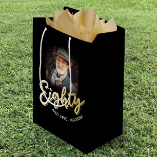 Eighty gold script and custom photo 80th birthday medium gift bag