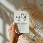 Eighty | Modern 80th Black & White Birthday Party Invitation Postcard<br><div class="desc">This modern, black and white, 80th birthday party invitation features classy modern typography. The word "eighty" appears in script style calligraphy. Perfect for setting the stylish tone for a wonderful, eightieth birthday party celebration. The colour scheme of the invite is easy to customize - both the background and the typography...</div>