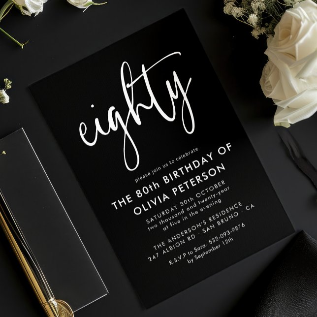 Eighty | Modern 80th White on Black Birthday Party Invitation (Creator Uploaded)