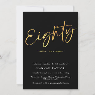Eighty Modern Elegant Black Gold 80th Birthday Invitation