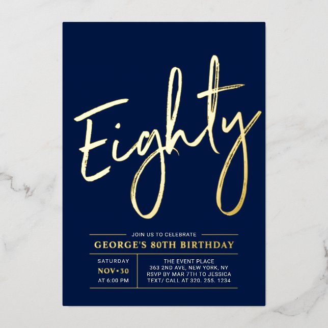 Eighty | Modern Gold Navy 80th Birthday Party (Front)