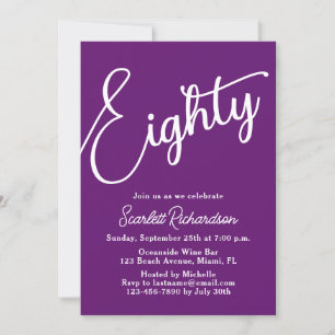 Eighty Modern Script Autumn Purple 80th Birthday Invitation