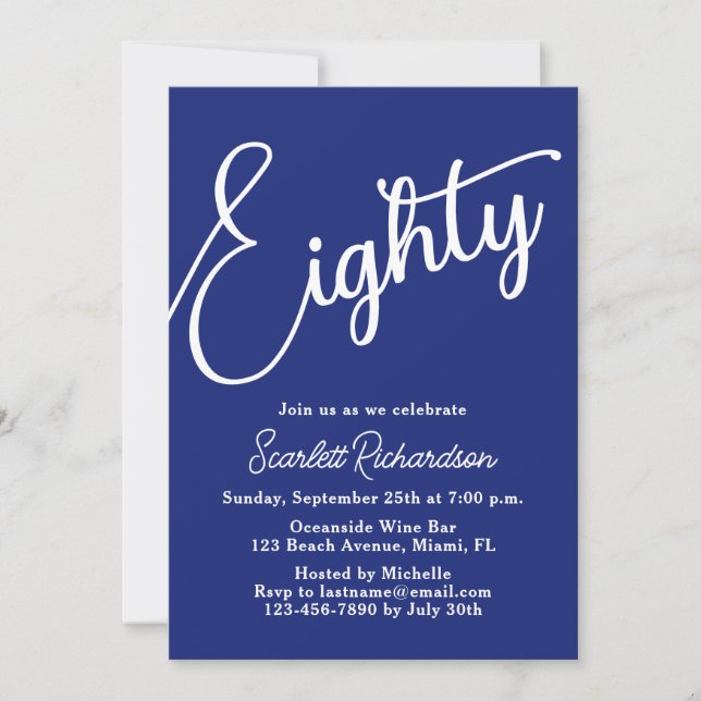Eighty Modern Script Navy Blue 80th Birthday Party Invitation (Front)