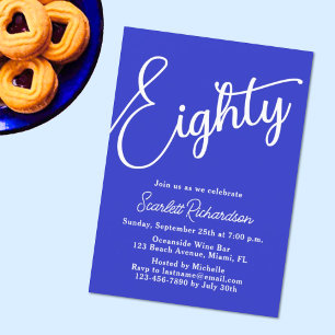 Eighty Modern Script Royal Blue 80th Birthday Invitation