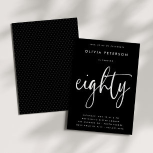Eighty Modern White on Black 80th Birthday Party Invitation