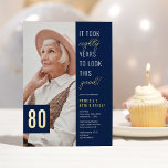 Eighty Photo Blue & Gold 80th Birthday Party Real<br><div class="desc">Celebrate in style with these modern real foil 80th birthday party invitations featuring a chic blue background,  a photo of the birthday boy/girl,  the funny saying 'it took eighty years to look this good!',  and a simple text template that is easy to personalize.</div>