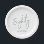 Eighty Silver Lettering 80th Birthday Party Paper Plate<br><div class="desc">This custom paper plate will add stylish detail to a modern 80th birthday party. This design features a simple chic silver brush script "Eighty" with custom text. Matching 80th birthday invitations and party supplies are available in my shop BaraBomDesign.</div>