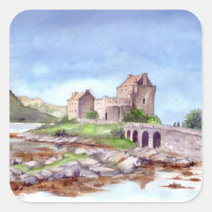 Eilean Donan Castle Watercolor Painting Square Sticker
