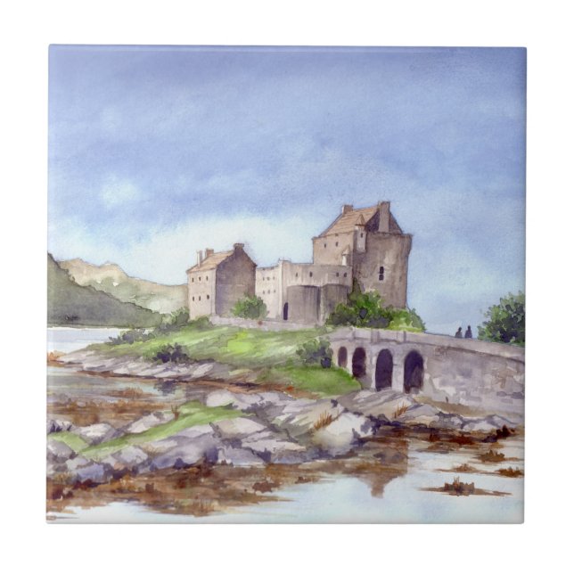 Eilean Donan Castle Watercolor Painting Tile (Front)