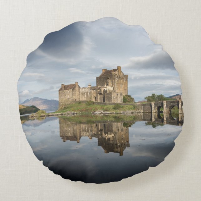 Eilean Donan Castle with reflection in Scotland Round Pillow (Back)