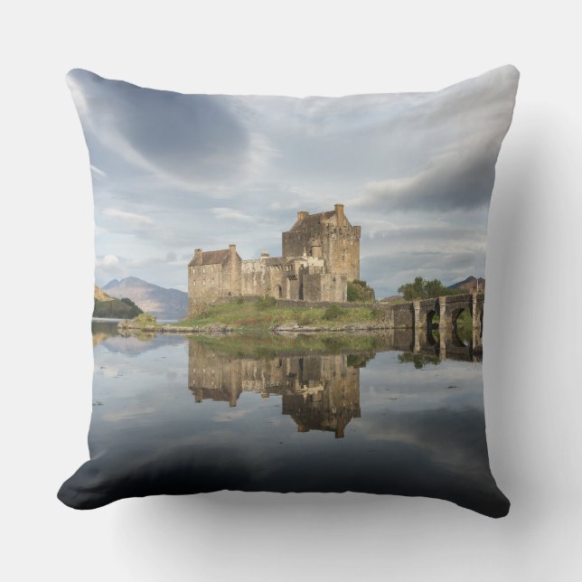 Eilean Donan Castle with reflection in Scotland Throw Pillow (Front)