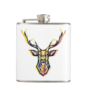 Ein Hirschkopf als buntes Bild im Aquarell Stil    Hip Flask