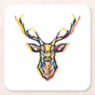 Ein Hirschkopf als buntes Bild im Aquarell Stil    Square Paper Coaster