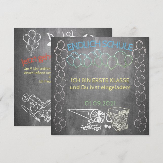 Einladungskarte zur Einschulung im Tafelstil (Front/Back)