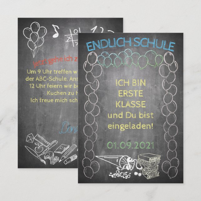 Einladungskarte zur Einschulung im Tafelstil (Front/Back)