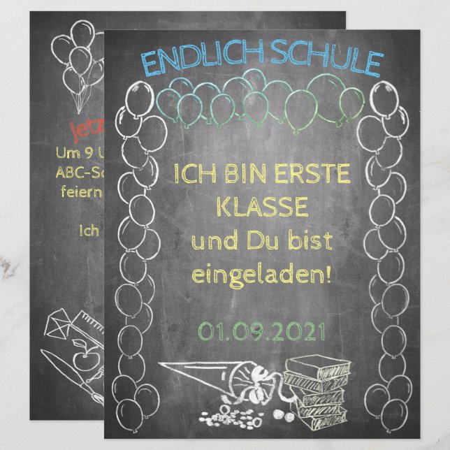 Einladungskarte zur Einschulung im Tafelstil (Front/Back)