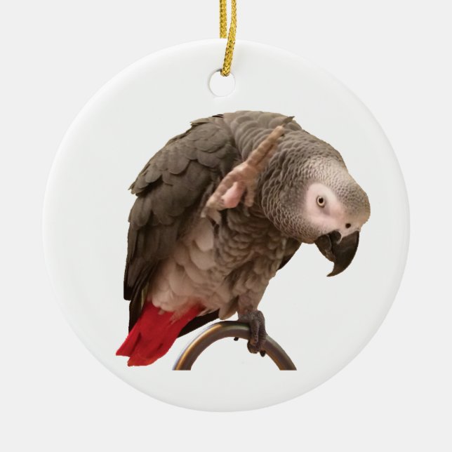 Einstein African Grey Parrot Waving Ceramic Ornament (Front)