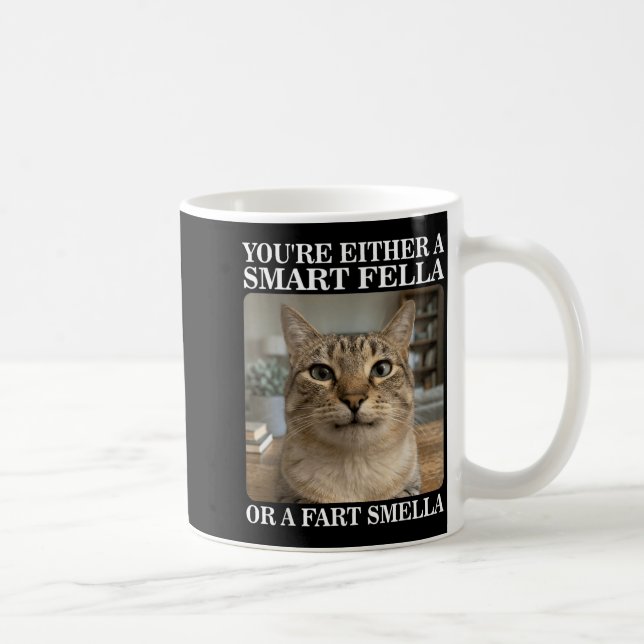 Either a Smart Fella or a Fart Smella Funny Cat Coffee Mug (Right)